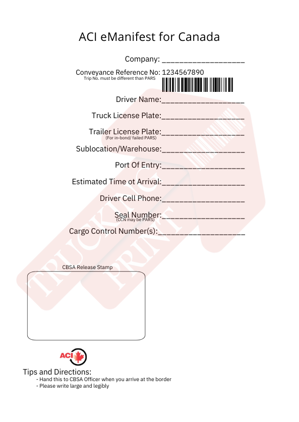 ACI eManifest Lead Sheets – Trucking Print